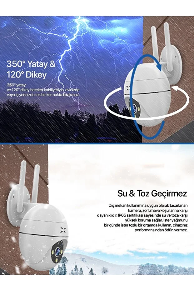 Akıllı Güvenlik Kamerası PTZ Wi-Fi 350° IP65 Mobil Kontrol IP65 Çift Yönlü Ses Siren ve Led 